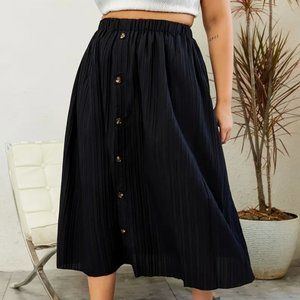 Casual Black Skirt Women's Plus Ribbed Button Front Elastic High Rise Midi Maxi